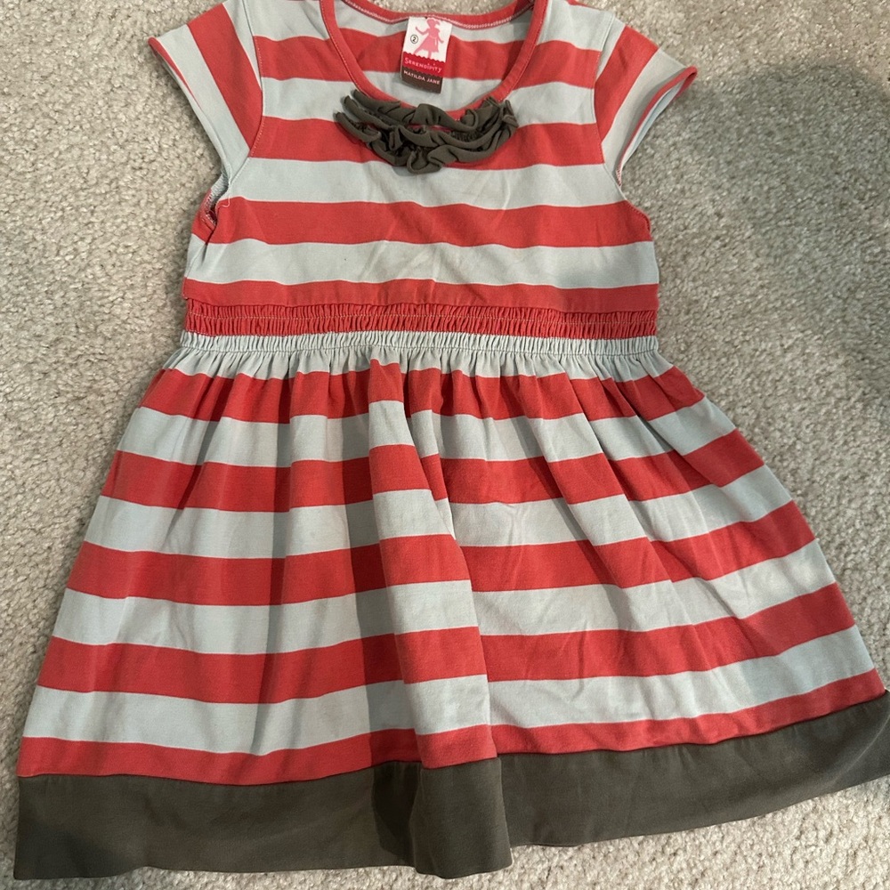 Charming Striped Kids Dress in Red and Gray
